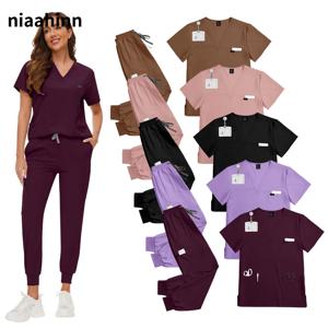 솔리드 컬러 v 넥 작업복 남성과 여성 브러시 손 애완 동물 미용 의류 병원 의사 간호사 손 씻기 작업복