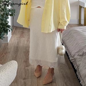 화이트 레이스 스커트 맥시 바디콘 여성 여름 오피스룩 우아한 정장 스커트 레이스 여성용 밴딩 허리 레이스 블랙 스커트 롱