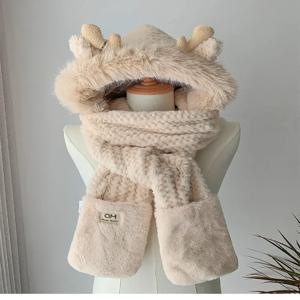 패션 엘크 뿔 플러시 모자 스카프 장갑 여성용 겨울 귀 보호대 두꺼운 레이펑 모자 사이클링 스키 캡 방풍