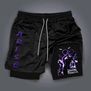 새로운 블랙 코믹 솔로 레벨링 프린트 여름 남성 트레이닝 피트니스 반바지 스트리트 통기성 땀 흡수 더블 반바지