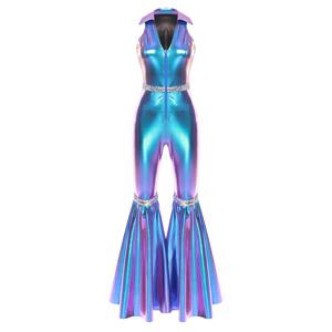 성인 여성 70년대 디스코 롬퍼 라펠 V넥 민소매 앞 지퍼 스팽글 벨보텀 롱 팬츠 점프수트 레트로 재즈 댄스웨어