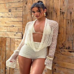 모지션 레이스 투피스 세트 여성 시스루 긴팔 티셔츠 및 반바지 매칭 세트 여성 우아한 반바지 투피스 세트