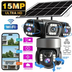 V380PRO 3렌즈 WiFi 태양광 카메라 HD 15MP 360도 야외 방수 CCTV 야간 투시 양방향 오디오 카메라 모바일 추적 IP 카메라