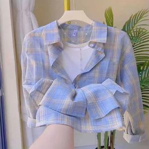 블루 체크 여성 셔츠 얇고 통기성 좋은 긴 소매 여름 레이지 스타일 패셔너블 아우터웨어 디자인 한국식 루즈핏 폴리에스터