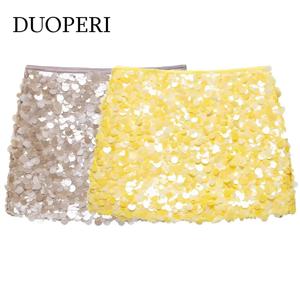 DUOPERI 여성 Y2K 스팽글 솔리드 a 라인 미니 스커트 사이드 지퍼 하이 웨이스트 여성 세련된 레이디 캐주얼 스커트