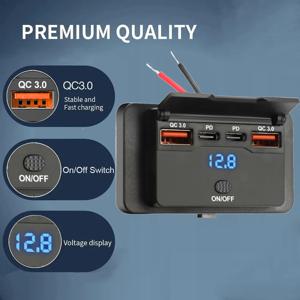 듀얼 PD 듀얼 QC 3.0 USB 차량용 충전기 12V RV USB 콘센트 패널 108W 고속 충전 소켓 (스위치 및 전압계 포함) 보트/오토바이용
