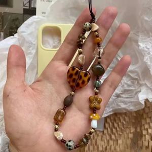 Y2K 로프 폰 체인 랜야드 참 스트랩 손목 귀여운 레오파드 하트 비즈 장식 끈 팔찌 키체인 (여자아이/여성용)