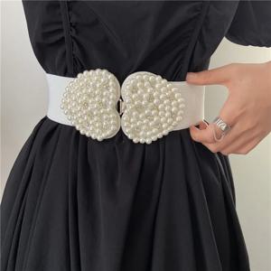 사랑스러운 진주 탄성 허리띠 여성 프랑스어 유행 스커트 매칭 드레스 우아한 정장 탄성 와이드 허리띠