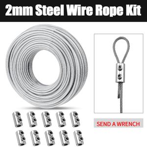 10/20M 2mm 스테인리스 스틸 와이어 로프 키트 (PVC 코팅 및 케이블 클램프 포함) - 빨랫줄, 정원 난간, 야외 울타리 등에 사용 가능