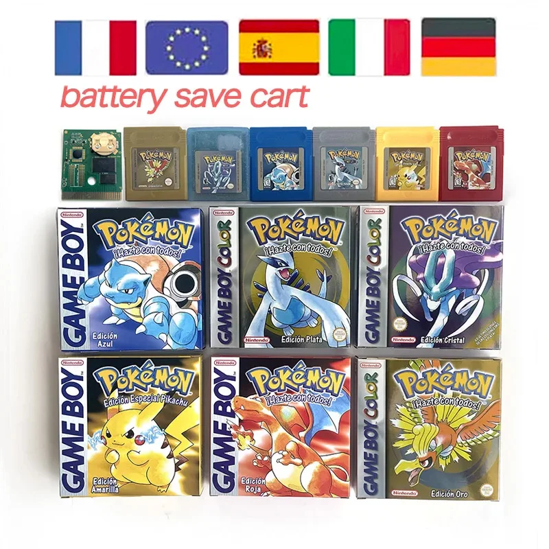 EUR FRA ESP NOE ITA 배터리 절약 카트 ROM 플래시 32M(4MB)+SRAM 256K(32KB) 포켓몬 박스(내부 트레이 포함) GBC용 게임 카트리지