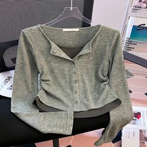 한국 스타일 매운 소녀 슬림 핏 긴팔 브이넥 숏탑 페이크 투피스 디자인 출퇴근 패션 여성 티셔츠