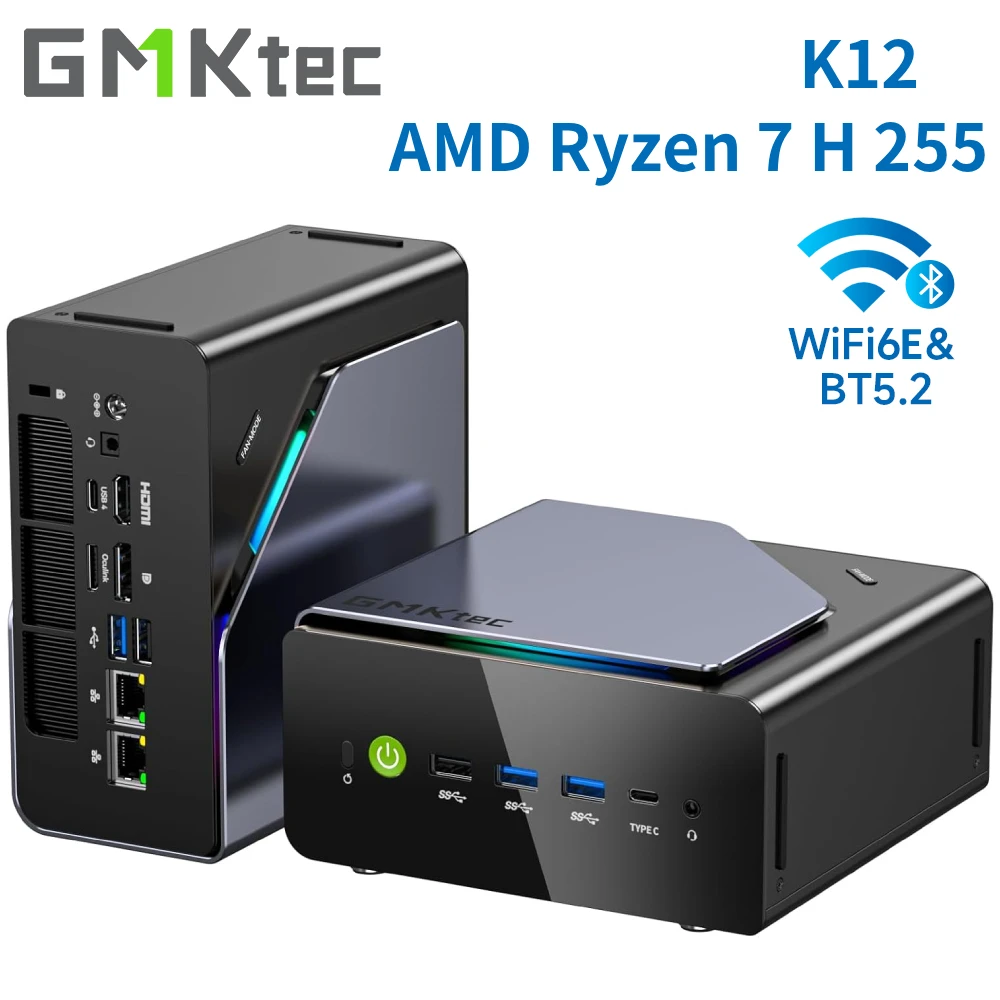 GMKtec K12 게이밍 미니 PC AMD Ryzen 7 H 255(업그레이드된 8745HS) 데스크탑 미니 컴퓨터 라데온 780M WiFi 6E/BT5.2, USB-C, 베어본