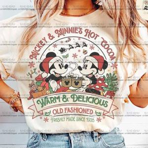 레트로 미키 미니 코코아 디즈니 소녀 가족 파티 키즈 여행 티셔츠 연인 티셔츠 휴일 커플 선물 Y2k 탑 코튼 크리스마스