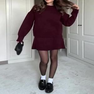 겨울 가을 시크 니트 투피스 세트 여성 패션 프레피 스타일 O넥 루즈핏 스웨터 A라인 미니스커트 세트 여성 의상