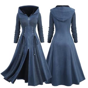 로즈갈 플러스 사이즈 후드 코트 여성용 가을 겨울 레이스업 그로밋 지퍼업 리브드 텍스처드 마블 패치워크 아우터웨어 코트