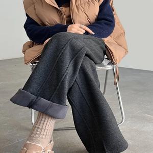 플리스 안감 와이드 레그 팬츠 하이 웨이스트 출퇴근 스타일 바지 가을 겨울 신상 울 바나나 팬츠 스트레이트 컷 슬림 핏