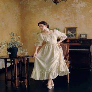 티이하일리 여름 여성 코튼 레이스 드레스 안감 포함 반소매 롱 맥시 여성용 S-XL 빈티지 탈부착 가능한 꽃무늬 하이웨이스트