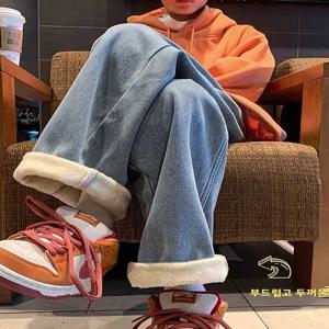 두꺼운 플리스 안감 루즈 스트레이트 레그 하이웨이스트 데님 청바지 여성 겨울 패션 오버사이즈 바지 캐주얼 빈티지 스타일