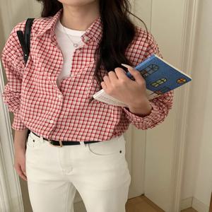 빨간색 체크무늬 턴다운 칼라 루즈핏 긴팔 셔츠