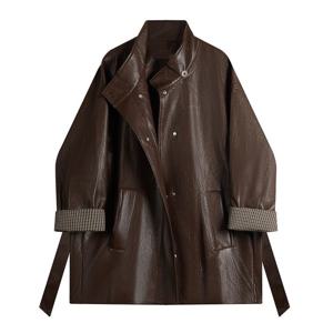 아메리칸 마이야르 커피 컬러 디자인 센스, 레이스업 얇은 가죽 자켓, 멋진 가을 의상, 한국 코트 탑