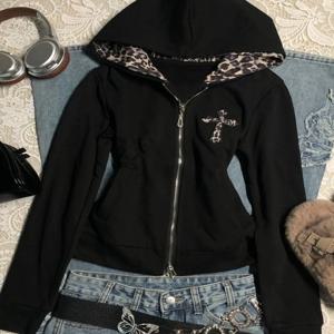 레트로 아메리칸 레오파드 프린트 지퍼 후드 가디건 슬림 핏 트렌디 걸 아우터웨어 재킷 긴 소매 코튼 혼합 원단