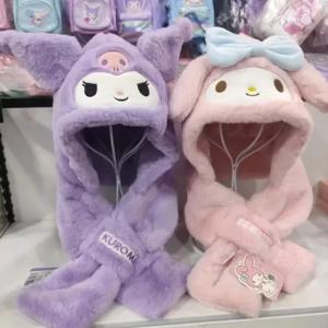 카툰 쿠로미 어린이 모자 일체형 스카프 겨울 귀 보호 두꺼운 따뜻한 벨벳 후드 스카프 산리오 시리즈 스카프 모자