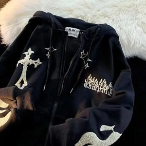 레트로 Y2K 가을 겨울 후드 코트 패션 여성 긴 소매 자수 크로스 파이어 재킷 캐주얼 스트리트웨어 스웨트셔츠