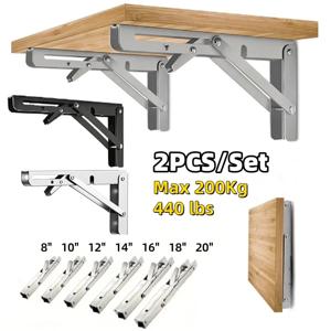 2개입 삼각형 접이식 앵글 선반 브래킷, 테이블 작업대 벽걸이용 고강도 스테인리스 접이식 선반 브래킷