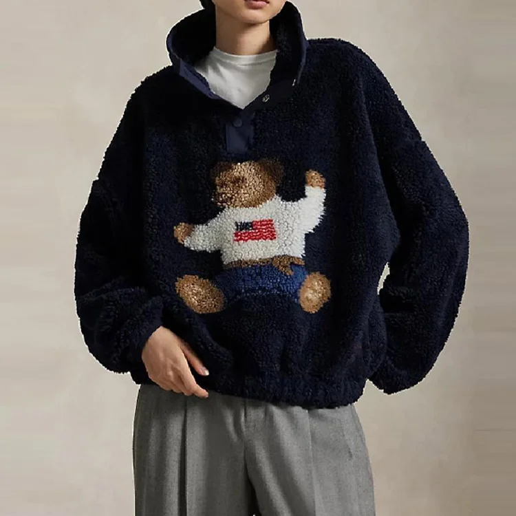 가을 겨울 부드러운 만화 곰 양털 재킷 여성용 스탠드 넥 긴 소매 루즈 코트 2025 신상 여성용 따뜻한 두꺼운 외투