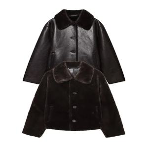 TFMLN 여성 양면 플리스 가죽 재킷 패션 리버시블 디자인 라펠 오버사이즈 솔리드 컬러 레트로 겨울 아우터웨어