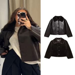 TFMLN 여성 리버시블 가죽 재킷 패션 겨울 2025 인조 모피 PU 양면 숏 코트 여성용 신상 따뜻한 아우터웨어