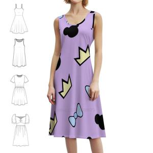 크라운과 리본 프레피 스타일 미니 드레스 여성용 A라인 루즈핏 캐주얼 데이 드레스 보우 크라운 프린세스 마우스 해피 드레스