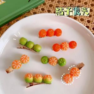 창의적이고 재미있는 반 껍질을 벗긴 오렌지 머리핀 귀여운 소녀 사이드 클립 일본 과일 단어 클립 duckbill 클립 그물 빨간 머리 액세서리