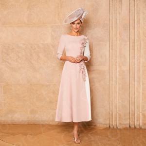 맞춤형 창백한 핑크 신부 어머니 드레스, 차 길이 웨딩 하객 드레스, 라운드 넥 어머니 가운, 3/4 소매 꽃