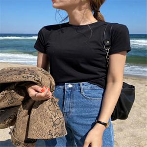 블랙 순면 반팔 라운드넥 티셔츠 여성 슬림핏 베이스 셔츠 여름 얇은 이너웨어 단색 탑