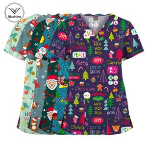 크리스마스 프린트 의료 유니폼 간호사 액세서리 작업용 의사 수술복 만화 패턴 반팔 상의 여성 남성용