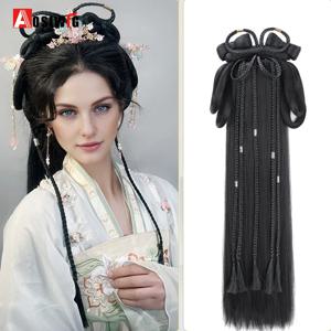 합성 Hanfu 고대 스타일 머리띠 브레이드 통합 머리띠 가발 여성 중국 스타일 헤어 피스 골동품 모델링 코스프레 하