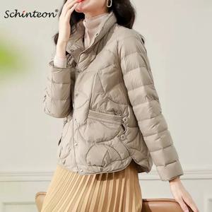 Schinteon 여성용 라이트 화이트 덕 다운 재킷, 캐주얼 외투, 짧은 코트, 스탠드 칼라, 패션 2024, 가을, 겨울, 한국 스타일