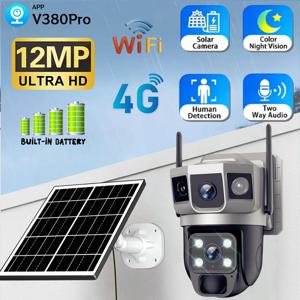 4G 태양광 카메라 HD 12MP 6K 야외 트리플 스크린 CCTV 방수 야간 투시 양방향 모션 추적 WiFi IP 카메라 V380 PRO