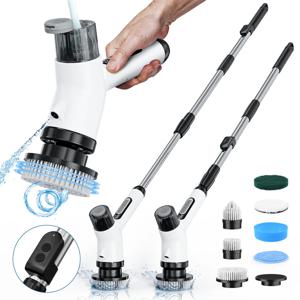 스프레이 기능이 있는 무선 전기 스핀 스크러버 청소 브러시 ​​7개의 브러시 헤드로 샤워 청소 3000mAH 배터리 2개 속도