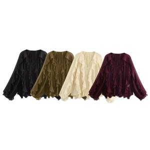 여성 캐주얼 러플 셔츠 여성 루즈 레이스업 홀로우 아웃 브이넥 탑 봄 블라우스 여성 의류 4786063