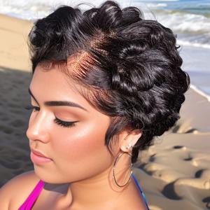 짧은 픽시 컷 곱슬 100% 인간의 머리 가발 13x4 레이스 프런트 가발 여성을위한 자연 소프트 밥 가발 투명 레이스 가발