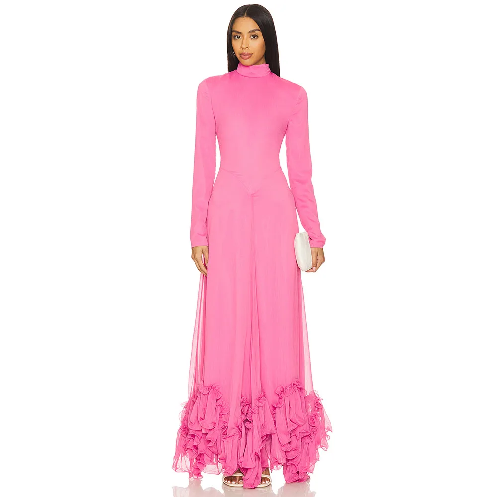 뷰티 로즈 이브닝 가운 바닥 길이 쉬폰 프릴 여성 댄스 파티 드레스 라인 긴 소매 사우디 드레스