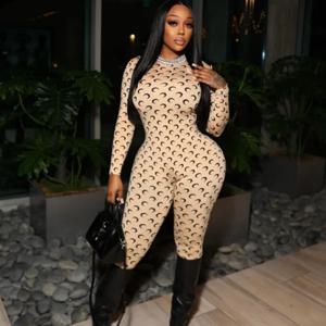 스타일리시 레이디 문 프린트 스포츠 롬퍼 & 점프수트 2025 여름 여성 긴팔 O넥 바디콘 섹시 클럽 파티 오버올