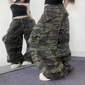 미국 하이 스트리트 레트로 대형 포켓 와이드 레그 워시드 카모플라주 진 남녀 공용 캐주얼 레저용