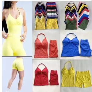 2 조각 여성 요가 세트 원활한 Longline Strappy 탱크 탑 Scrunch 스포츠 반바지 체육관 의류 여성 여름 운동 복장