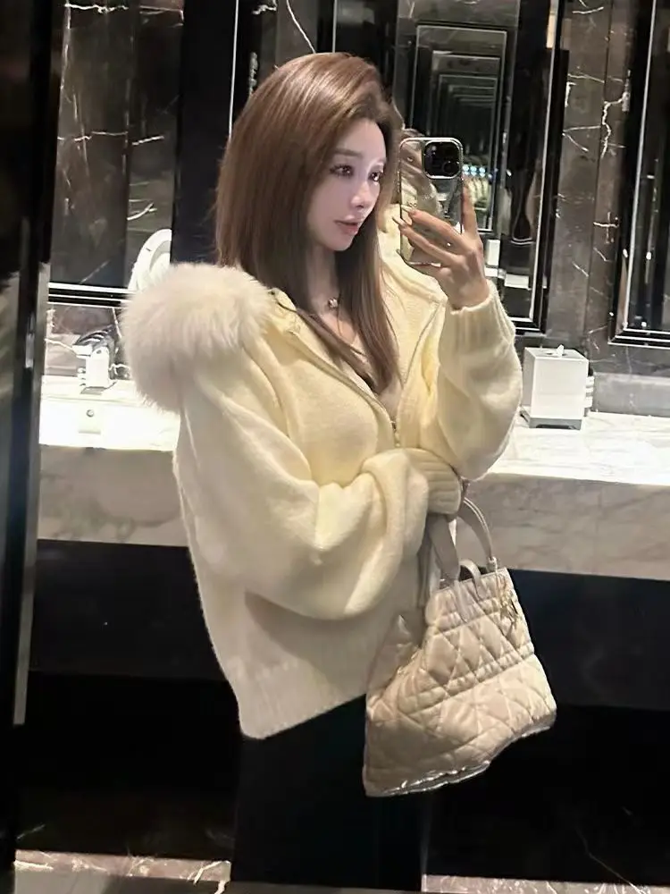 여성용 레이지 스타일 후드 니트웨어 코트 큰 퍼 칼라 가을 겨울 신상 지퍼 보온 아우터 캐주얼 패션