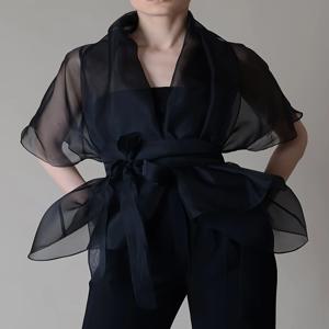 여성용 Organza 메쉬 블라우스 스탠드 칼라 레이스 업 시스루 v 넥 아메리칸 레트로 우아한 오피스 레이디 하프 슬리브 블라우스 탑