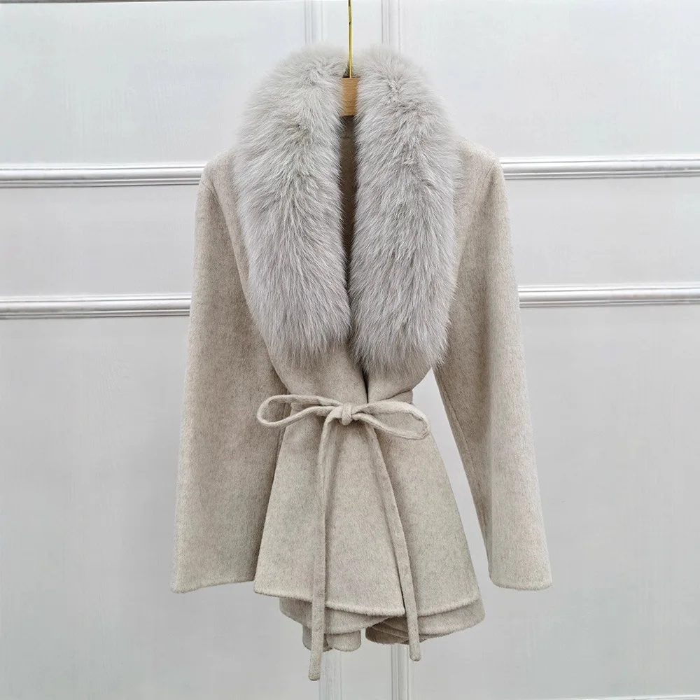 고급 겨울 여성 울 코트 양면 캐시미어 코트 리얼 퍼 칼라 및 벨트 럭셔리 여성 재킷 따뜻한 의류 가을