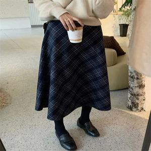 레트로 체크 미니 스커트 여성용 가을 겨울 신상 A라인 우산 스커트 랩어라운드 미디 길이 소형 사이즈 반길이 스커트